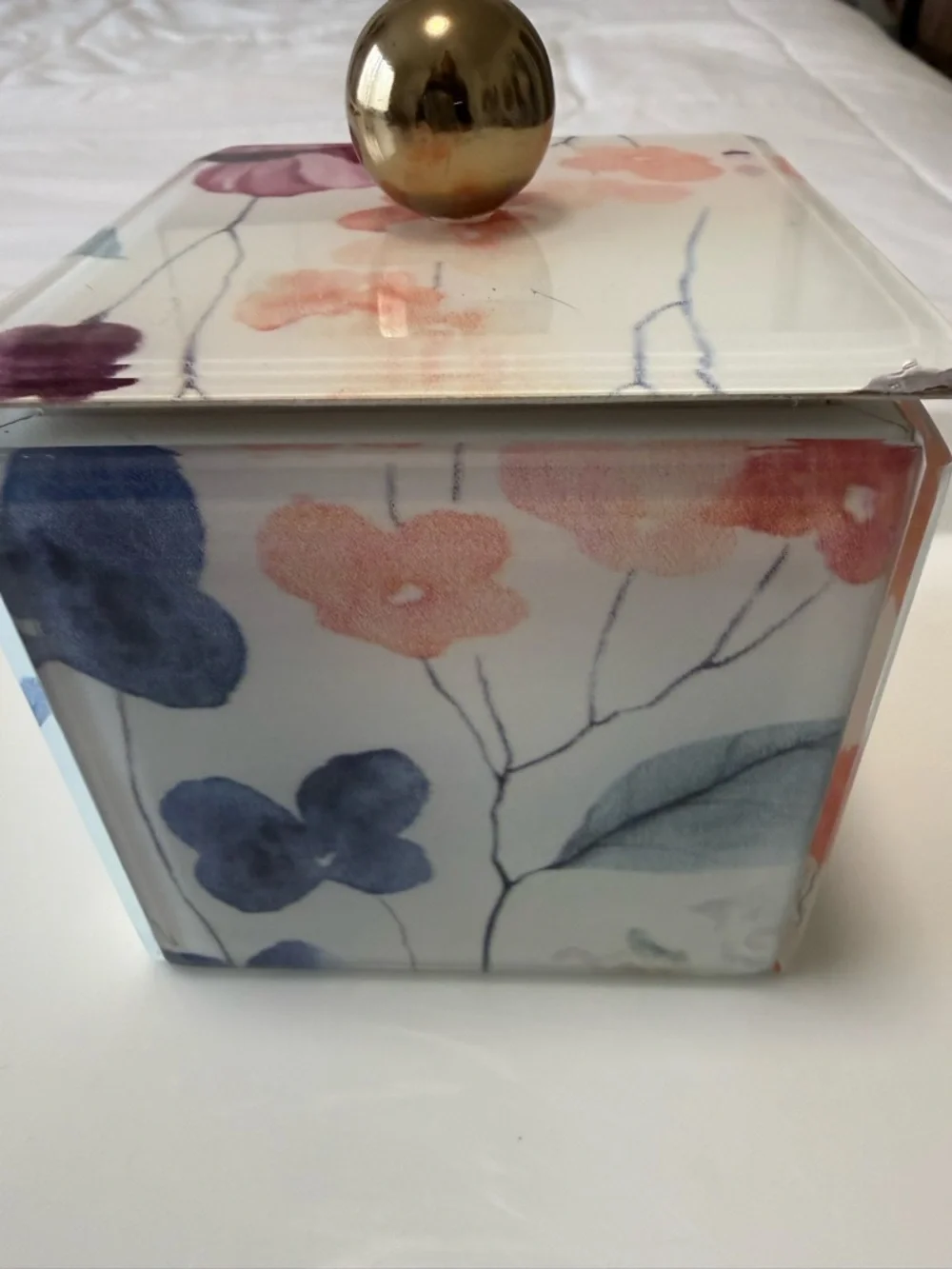 Floral Decorative acrylic Storage Box with Gold Knob & leather lining.